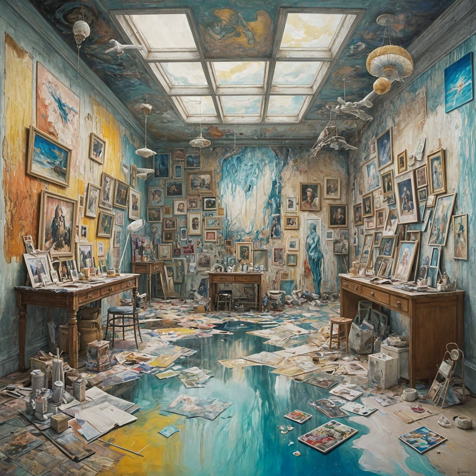 Surreal Art Gallery With Melting Sculptures and Floating Ske...