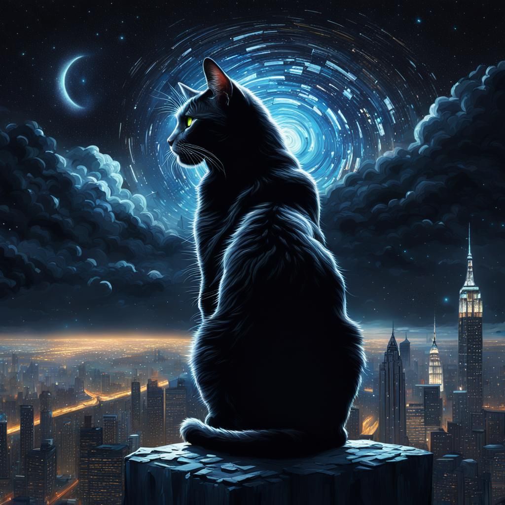 Epic Black Cat Teenager Under Starry Sky