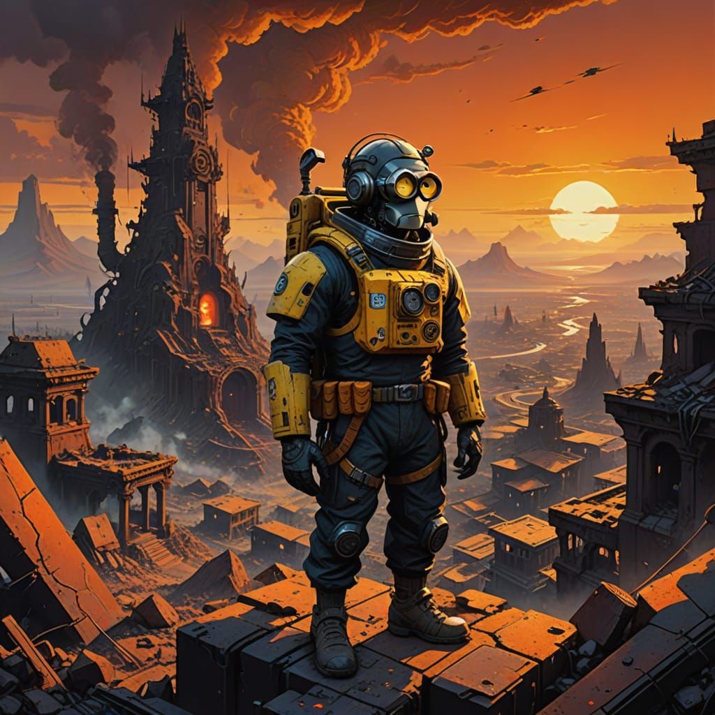 Yellow Minion in Ruined Temple Landscape