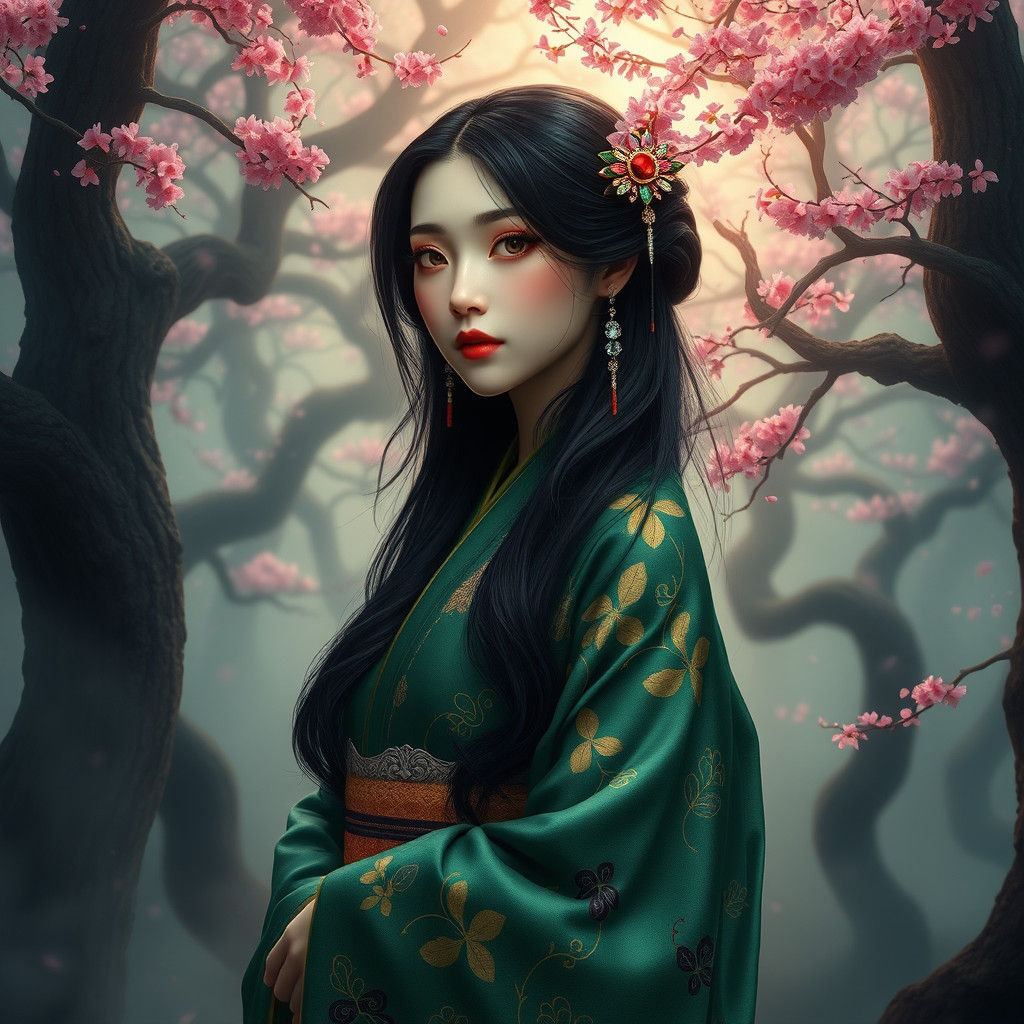 Japanese Lady in Kimono in Dreamlike Forest