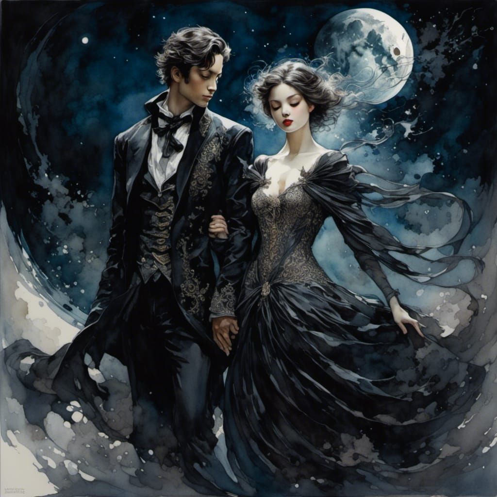 Romantic Watercolor: Lovers Under a Starry Sky