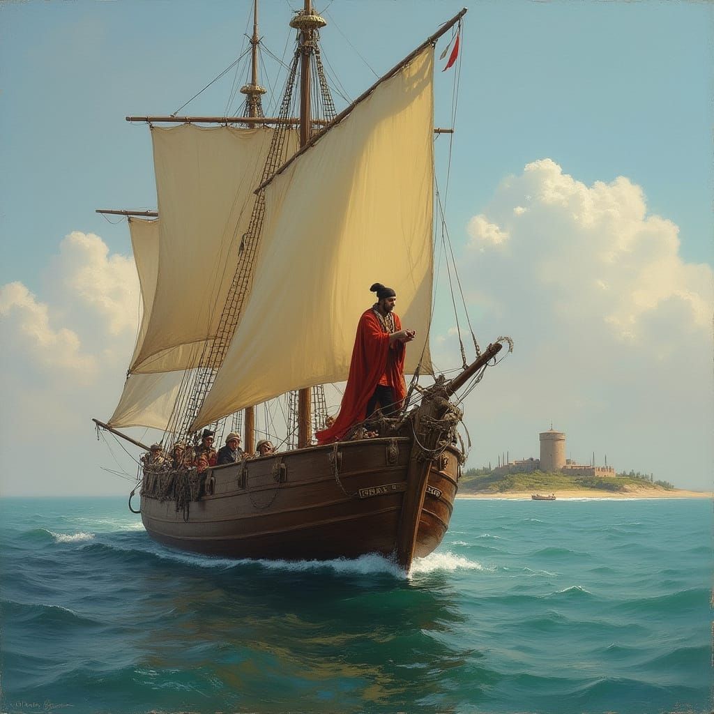 Greek Explorer on Ancient Ship near Lush Island in Vibrant C...