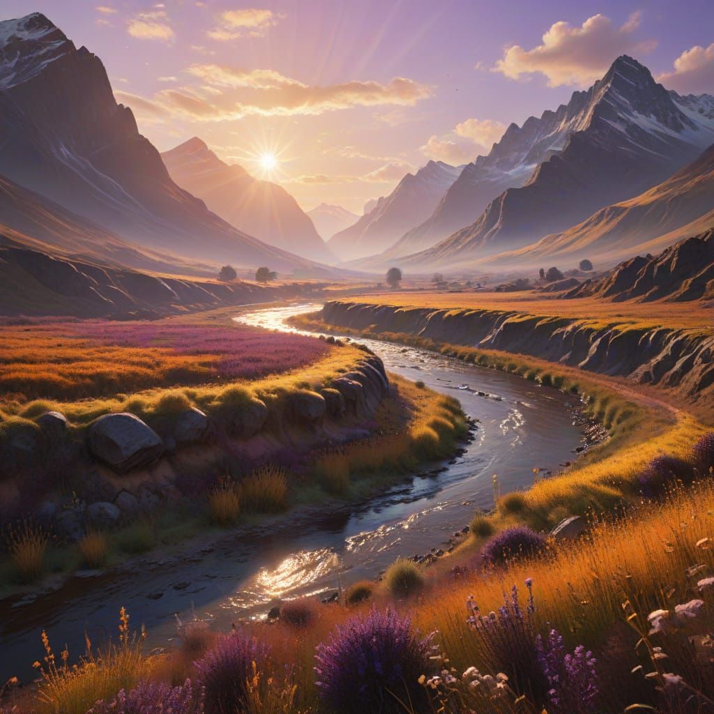 Epic Impressionist Landscape with Winding River and Golden F...