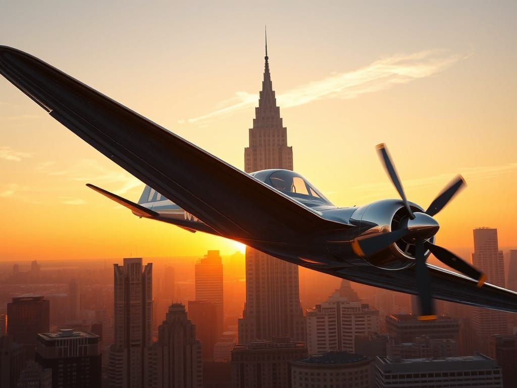Vintage Aircraft Takes Flight Over a Glittering Art Deco Cit...