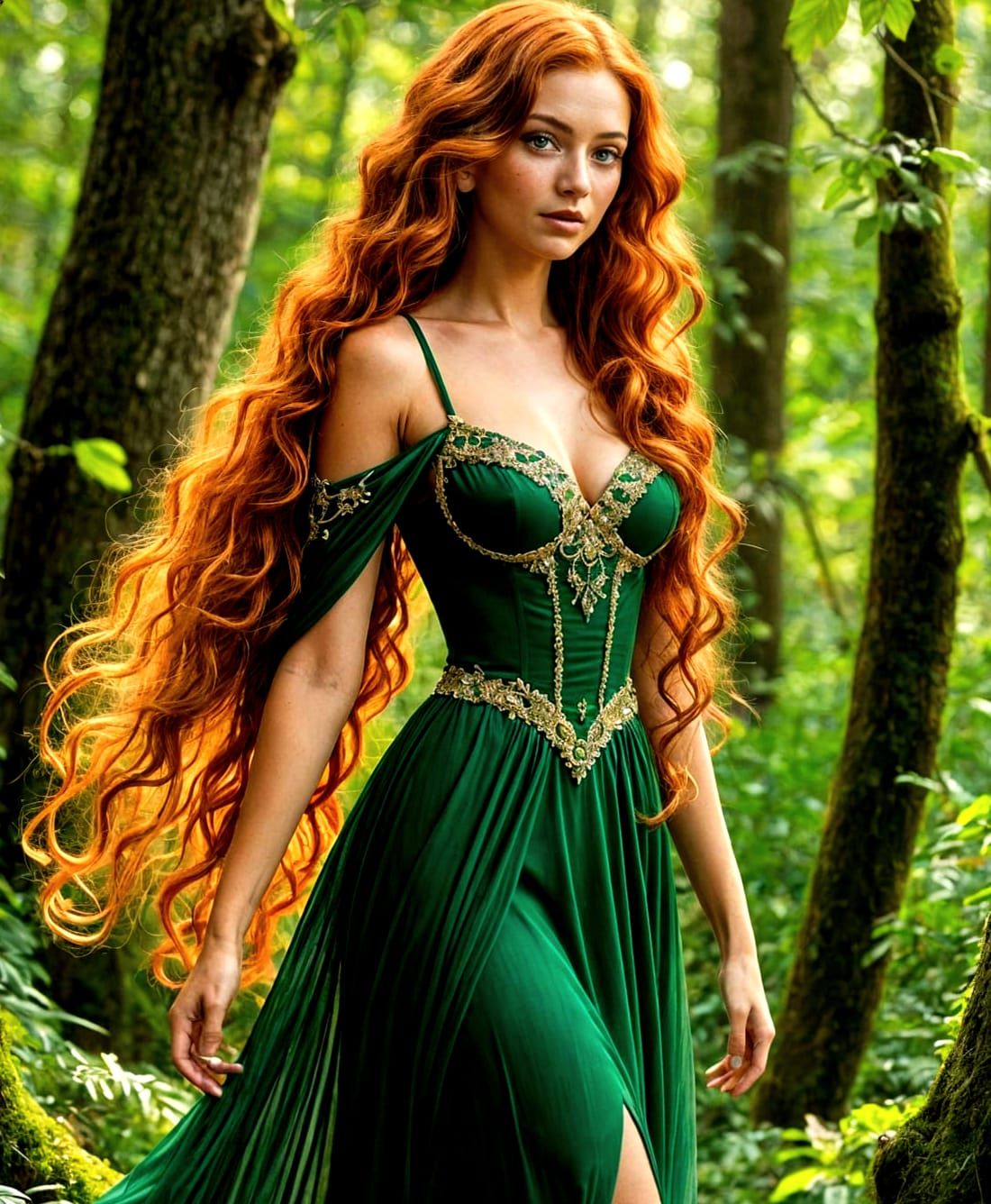 Ethereal Forest Portrait of Woman in Emerald Dress