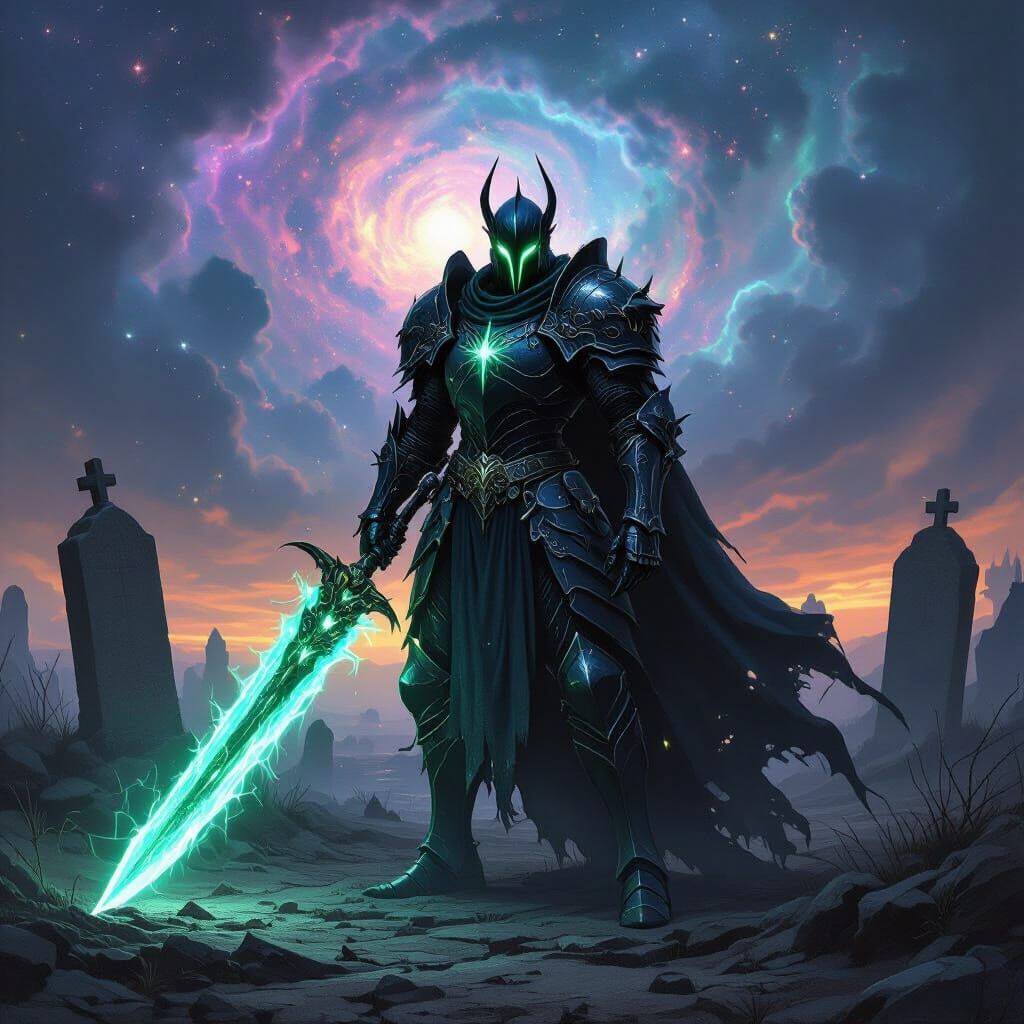 Demonic Knight Wields Spectral Sword in Cosmic Gothic Landsc...