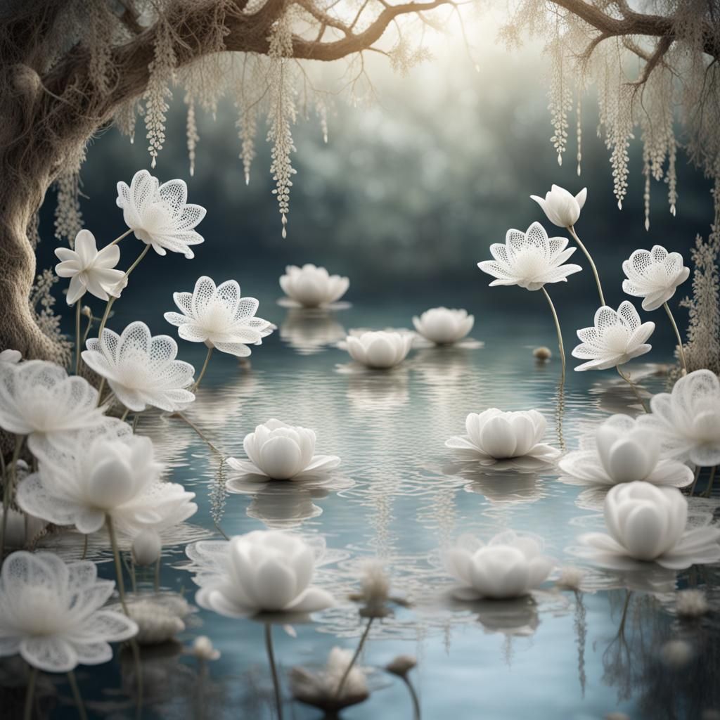 Elegant Lace Flowers in Fairytale Pond