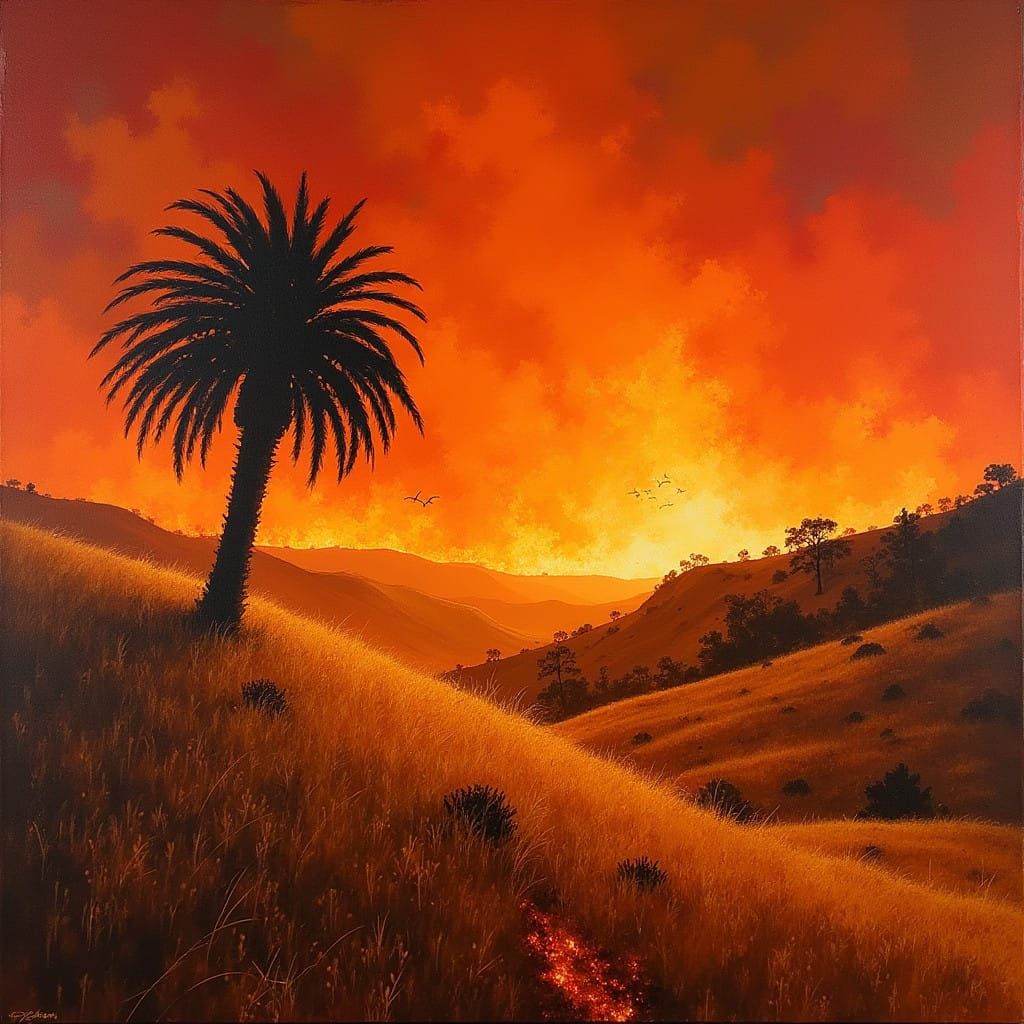 Fiery Malibu Landscape with Resilient Palm Tree