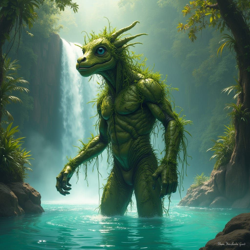 Creature Emerges from Turquoise Lagoon in Mystical Realism