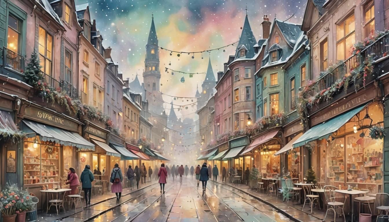 Christmas Street Scene in Shabby Chic Abstract Style