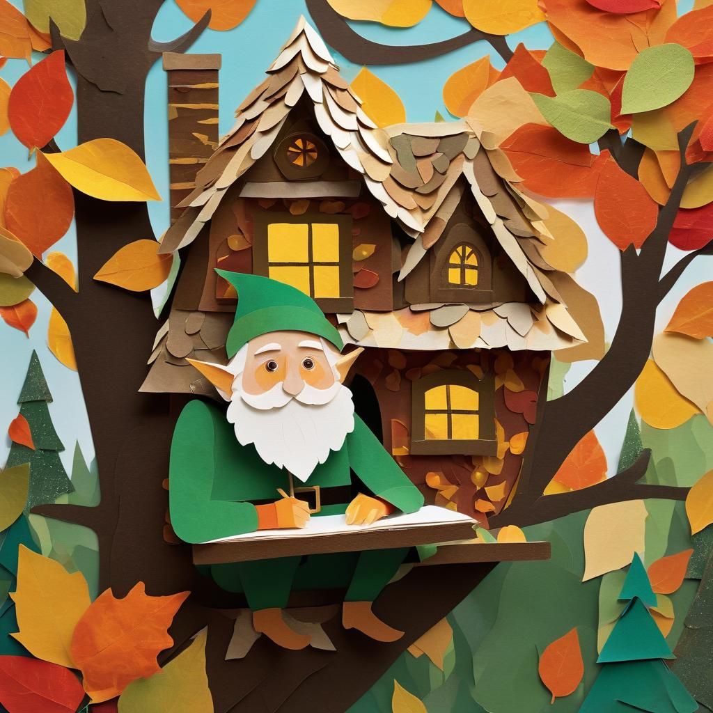 Whimsical Elf Paper Collage in Autumn Colors