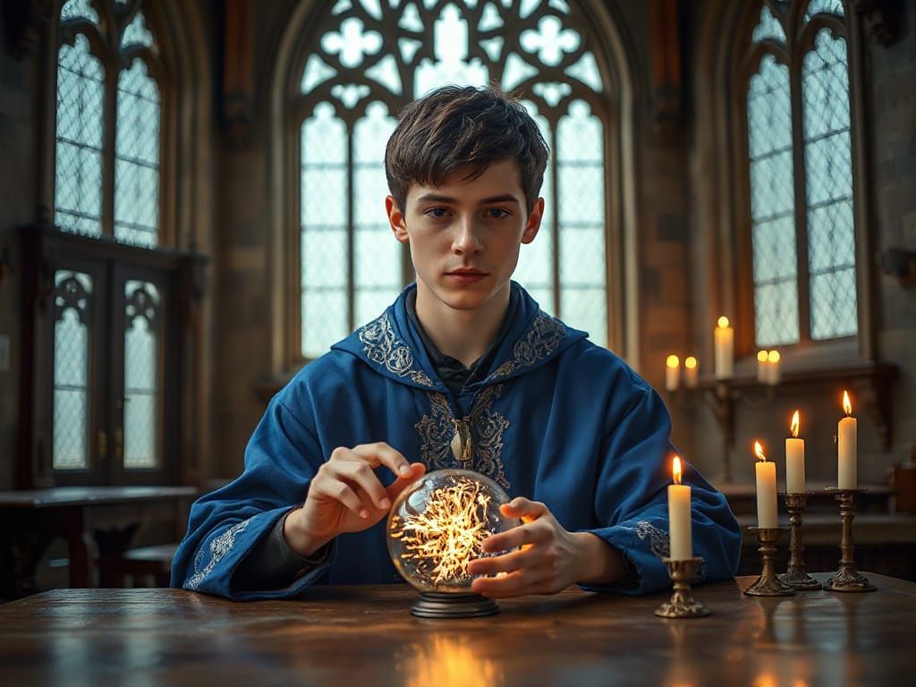 Wizard Student Studying Magical Orb in Ornate School