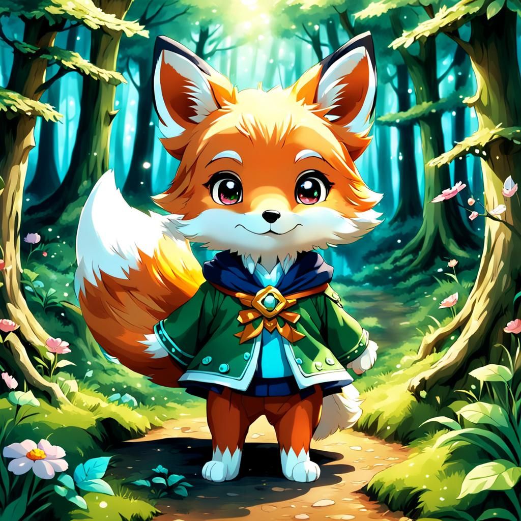 Cute Chibi Fox in Enchanted Forest: Anime Style