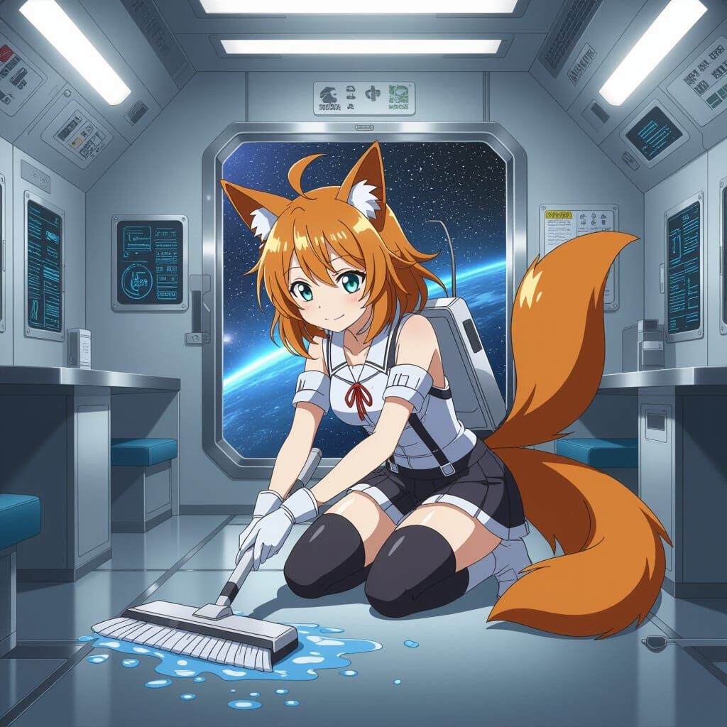 Anime Kemonomimi Woman Cleaning Space Station
