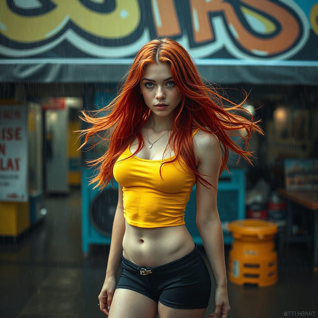 Hyperrealistic Woman with Red Hair in the Rain