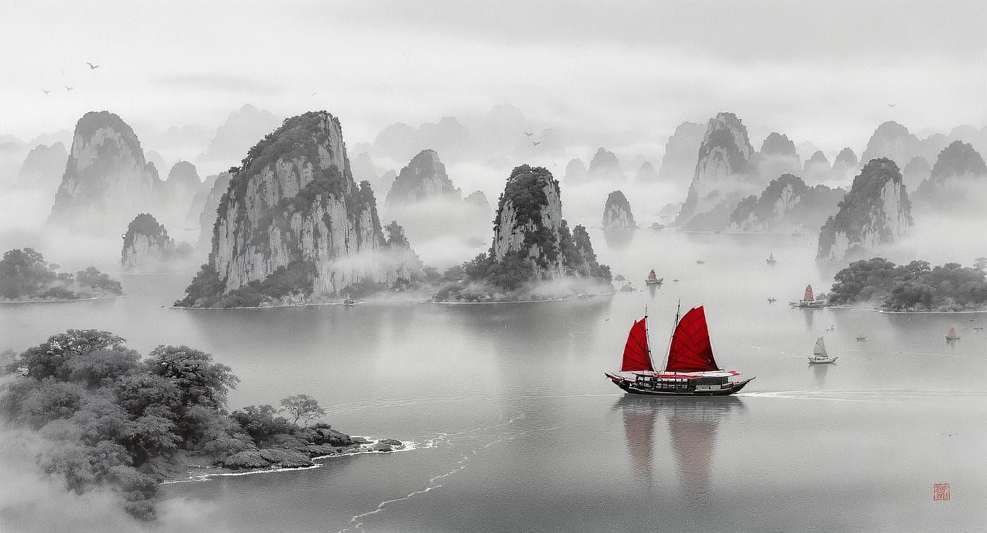 Halong Bay in Misty Morning: Charcoal Drawing