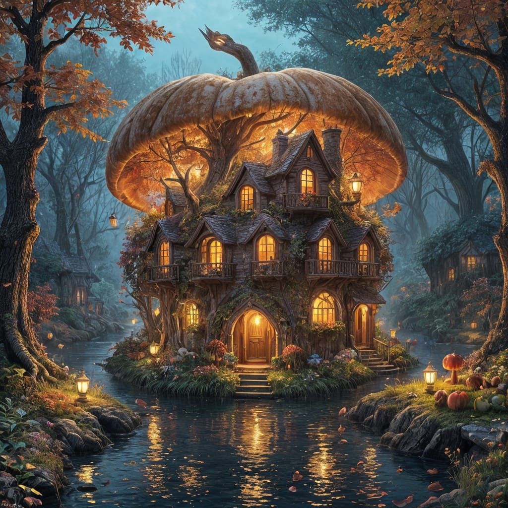Whimsical House Inside Glowing Apple, Fantasy Art