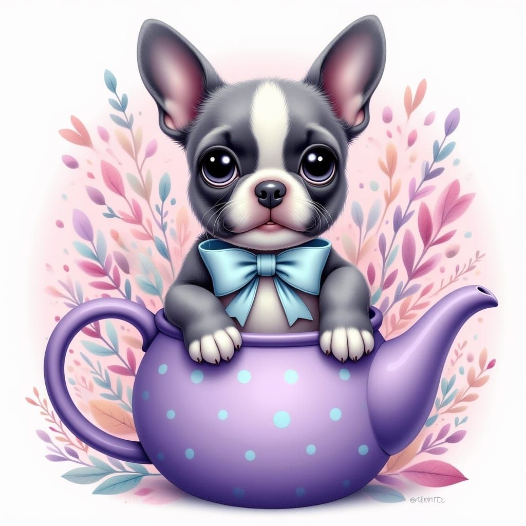 Whimsical French Bulldog Puppy in a Teapot Wonderland