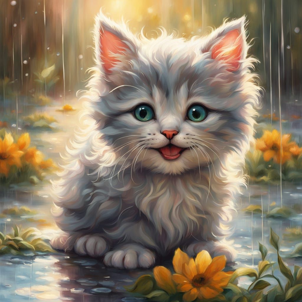 Joyful Kitten Splashing in Puddle, Impressionist Painting