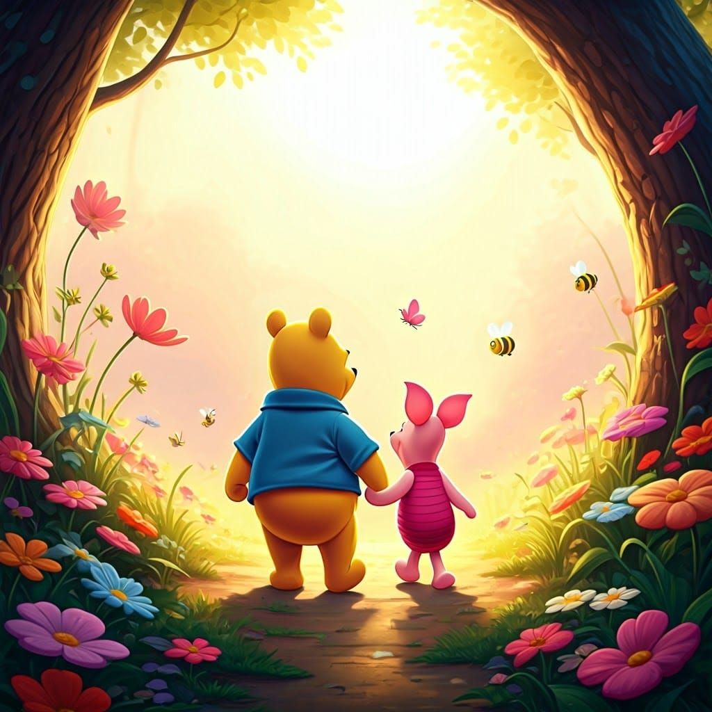 Pooh and Piglet in Enchanted Forest, Digital 3D Art