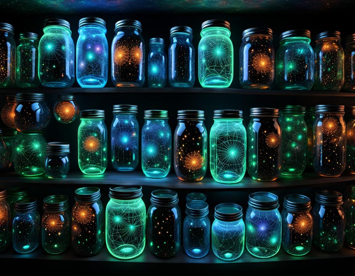 Mason Jar Cosmic Web with Glowing Fireflies
