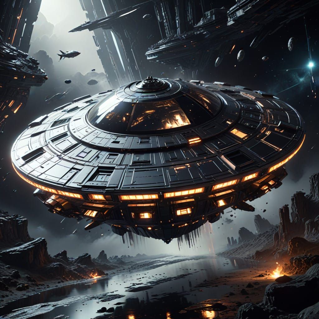 Ethereal Monochromatic UFO Rotating in Cosmic Atmosphere