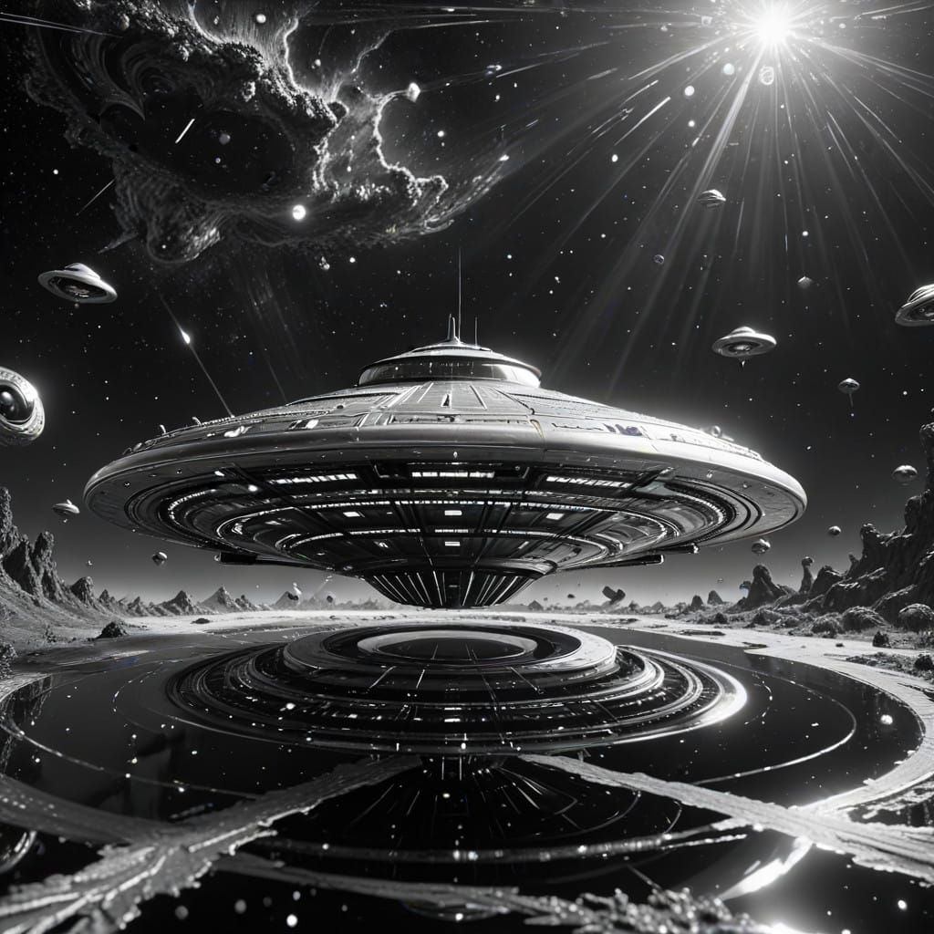 Hyperrealistic UFO in Cosmic Space-scape, in Cyberpunk CGI S...