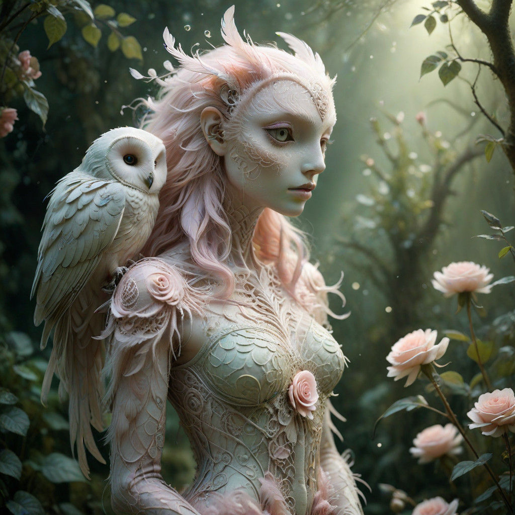 Enchanting Fantasy Creature Amidst Whimsical Moonlit Garden