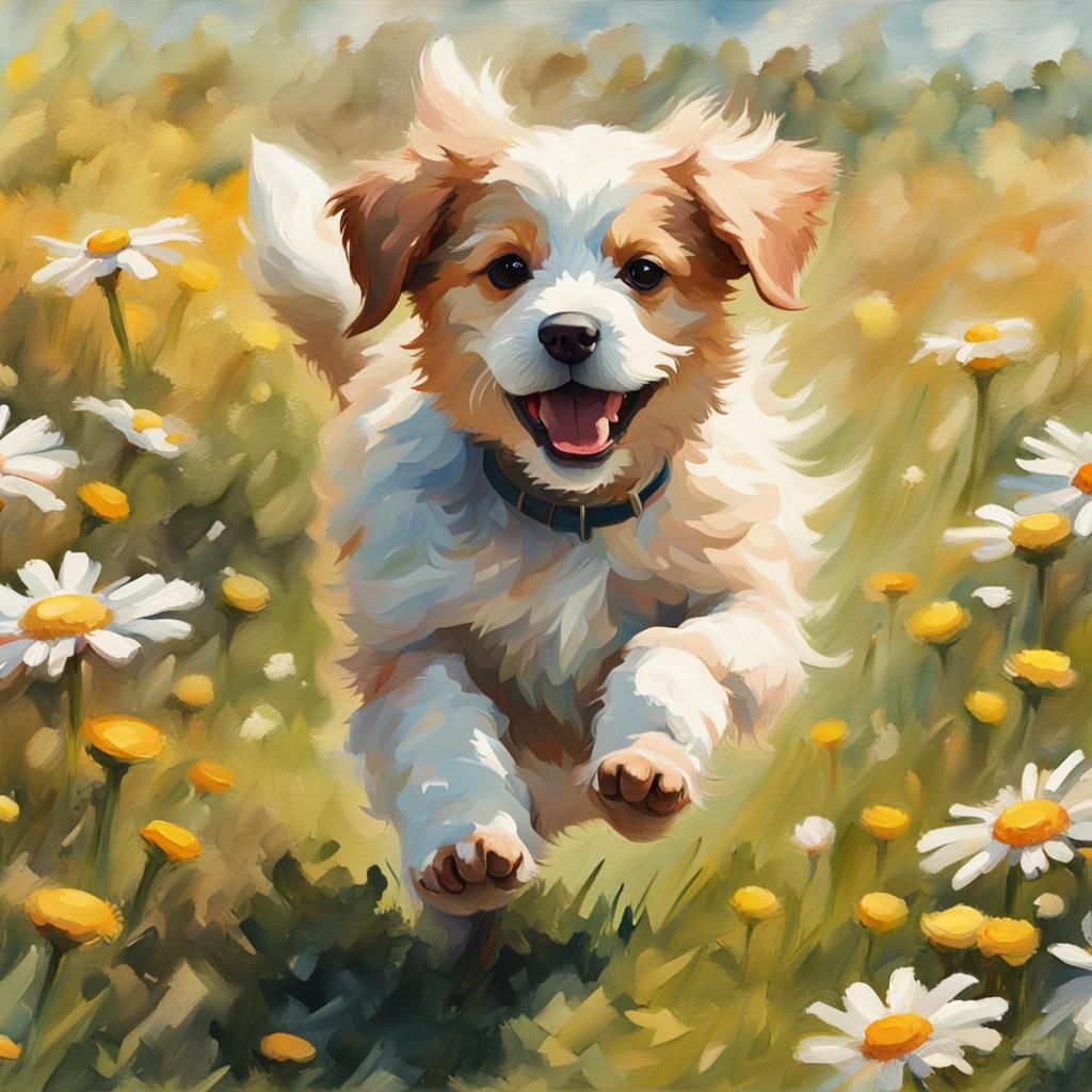 Puppies in Daisy Field: Gouache Watercolor Impressionist Pai...