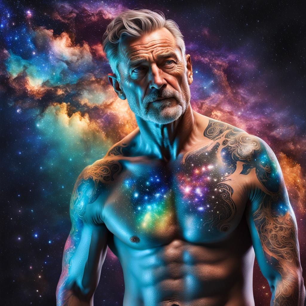 Milky Way Tattooed Man in Speedos: Hyperrealistic Art