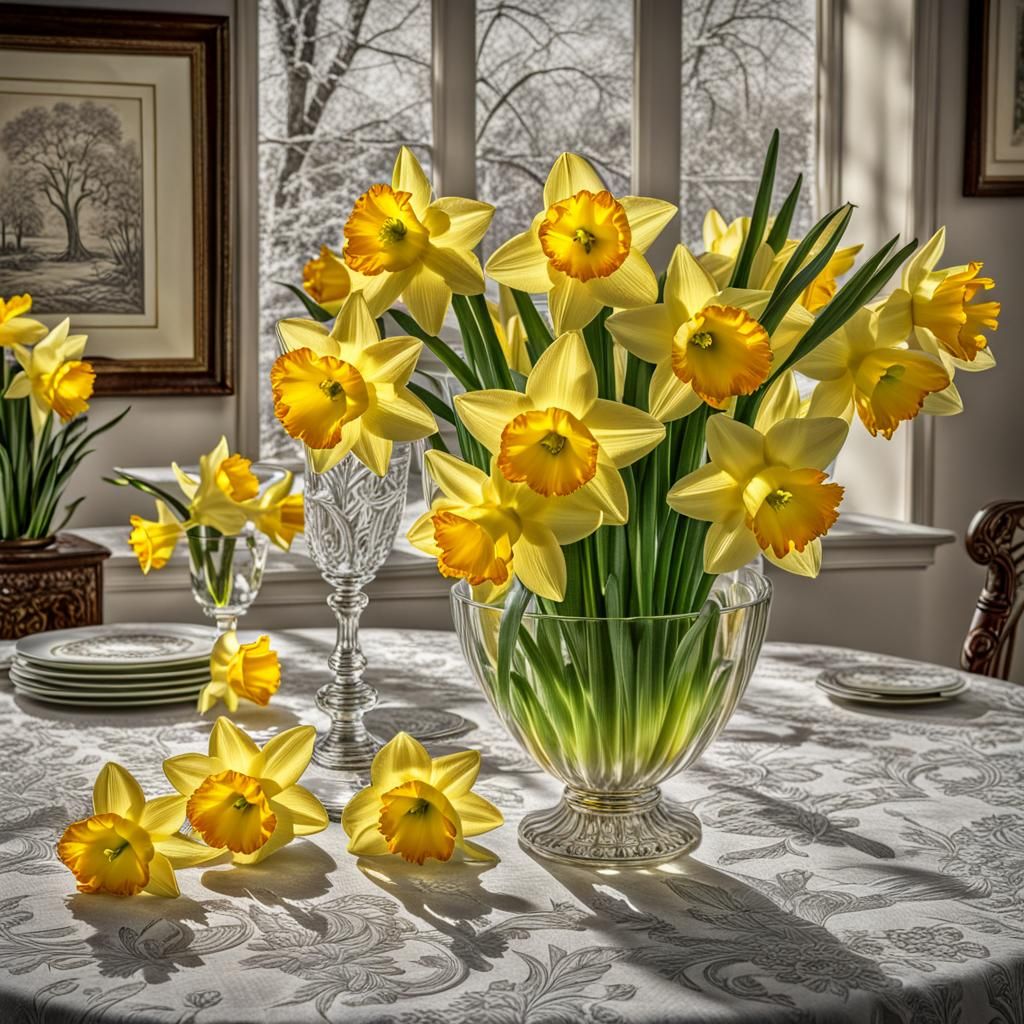Vibrant Springtime Scene with Yellow Daffodils and Watercolo...