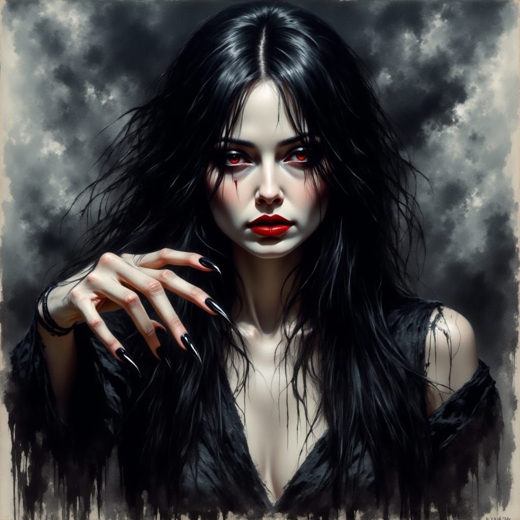 Terrifying Witch Portrait in Dark Sky Watercolor Style