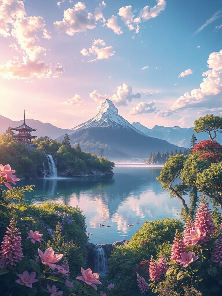 Whimsical Anime Landscape with Crystal Mountains and Serene ...