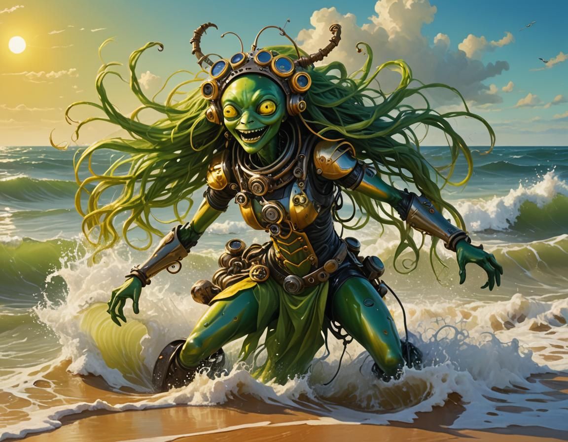 Cute Green Alien Girl Dancing on Red Beach