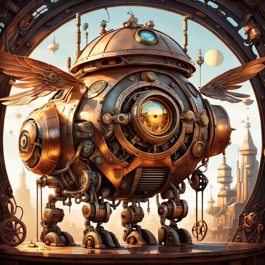 Steampunk Robot Hut with Mechanical Wings and Clockwork