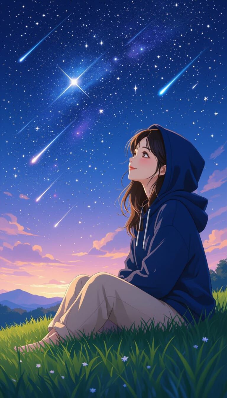 Woman Gazes at Purple and Blue Starry Night Sky