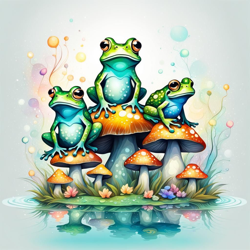 Pastel Watercolor Frogs on Toadstool with Glitter