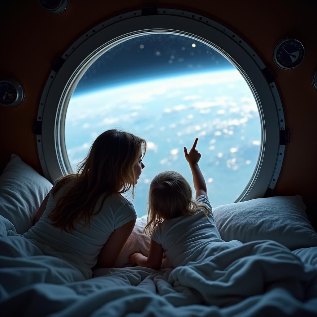 Mother and Daughter Stargazing from Spaceship