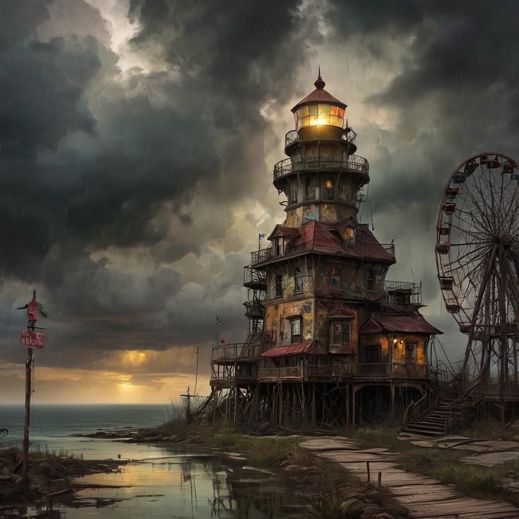 Sinister Lighthouse in Stormy Mixed Media Style