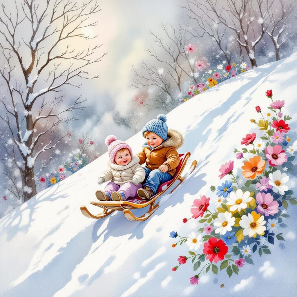 Watercolor Ink Macro of Siblings Sledding Down Snowy Hill wi...