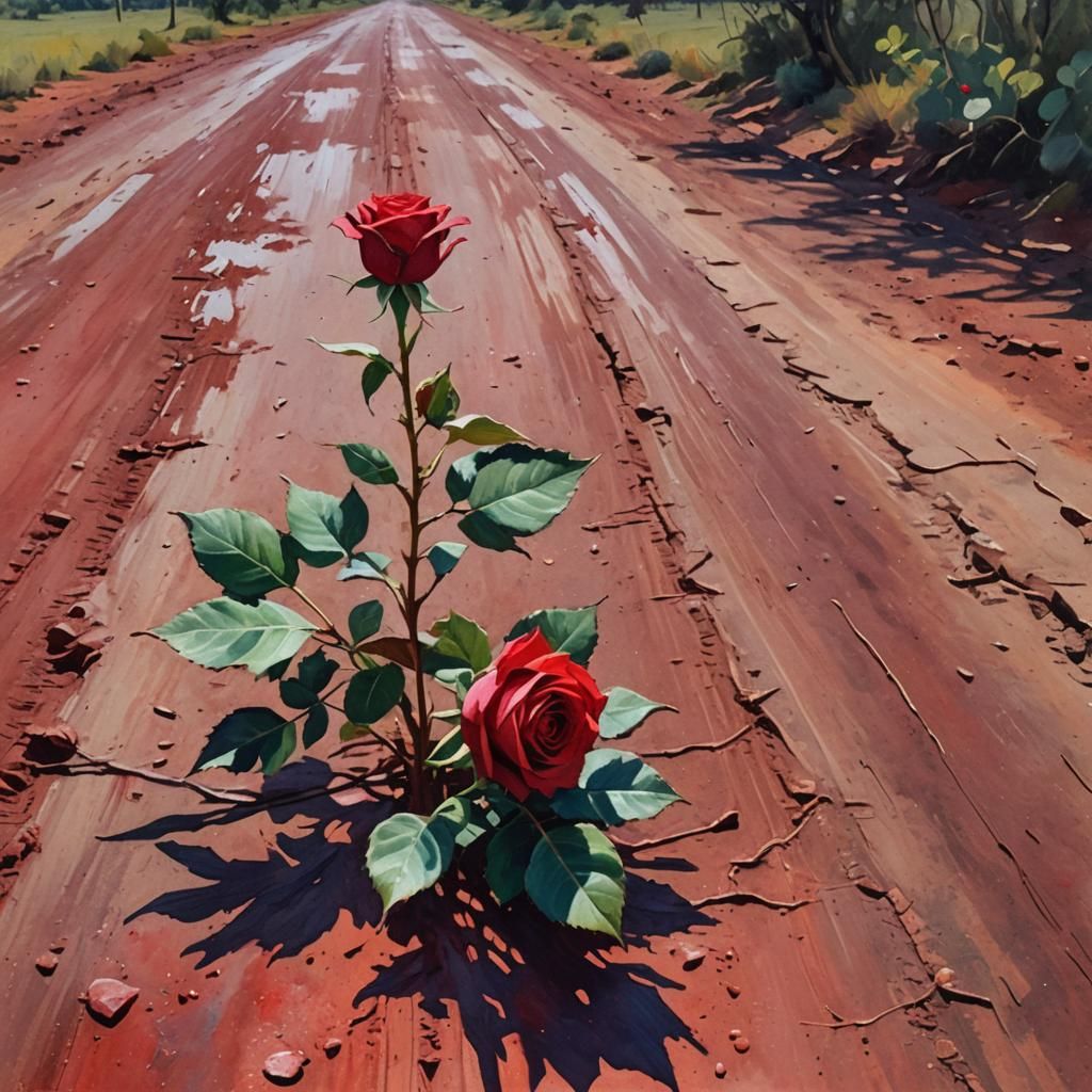 Red Rose on Australian Road in Gouache Style