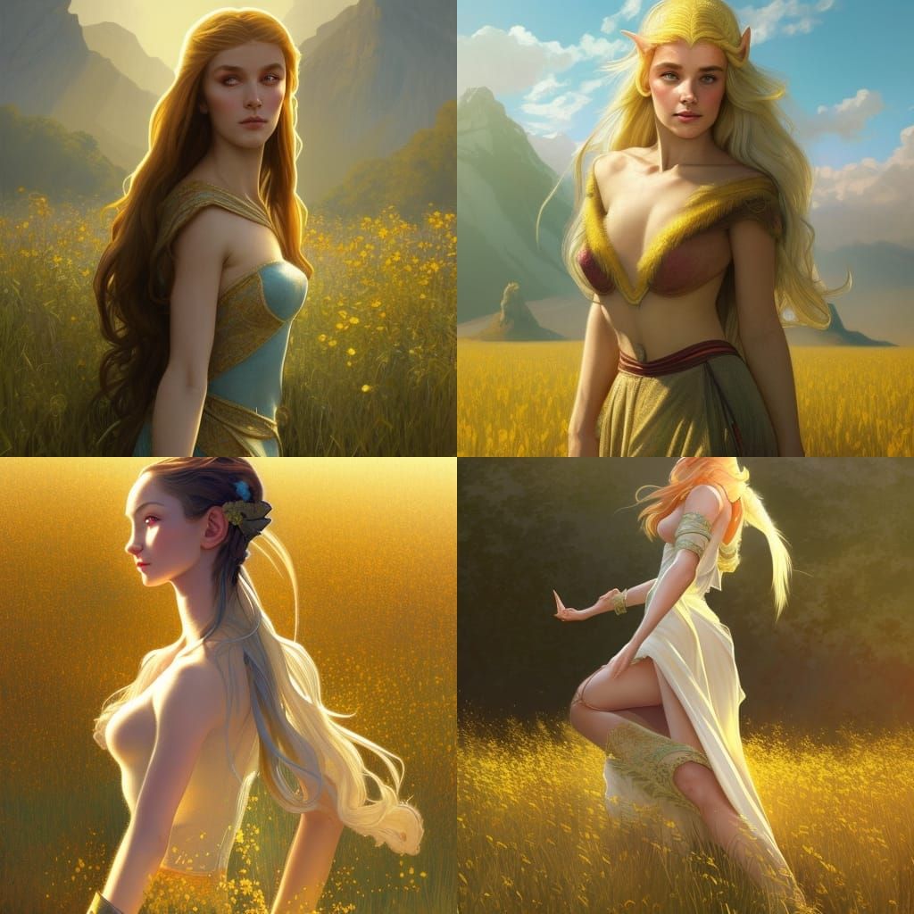 Elven Woman Running in Golden Field: Hyperdetailed Portrait