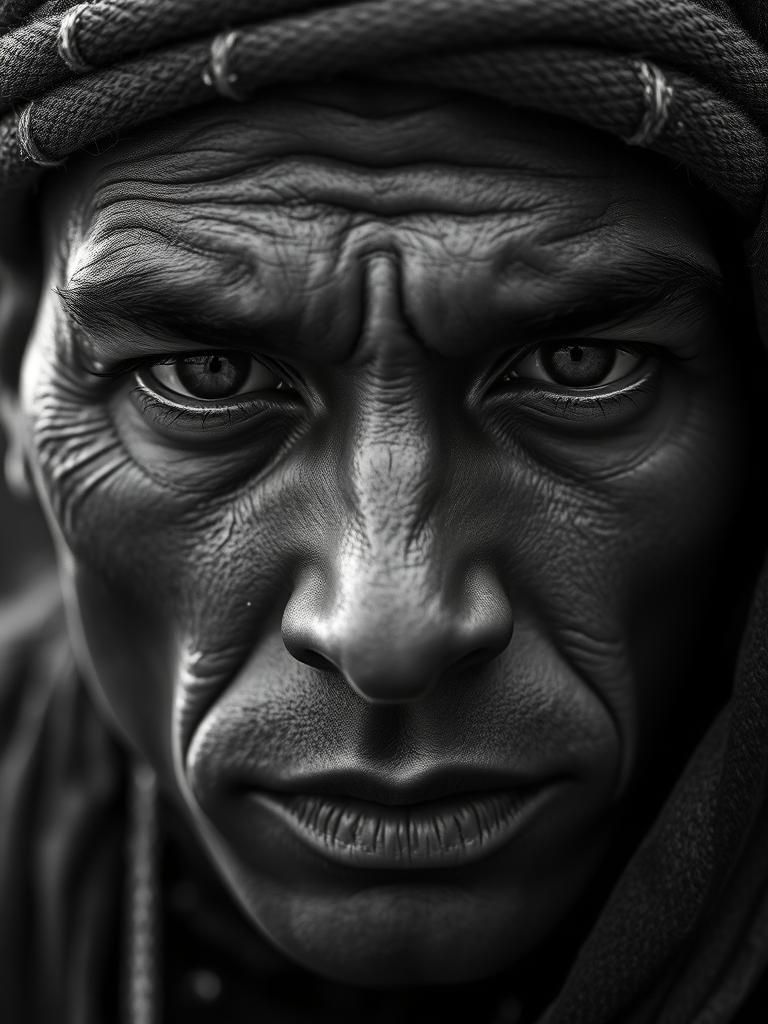Intense Portrait of Native American Man in Black and White