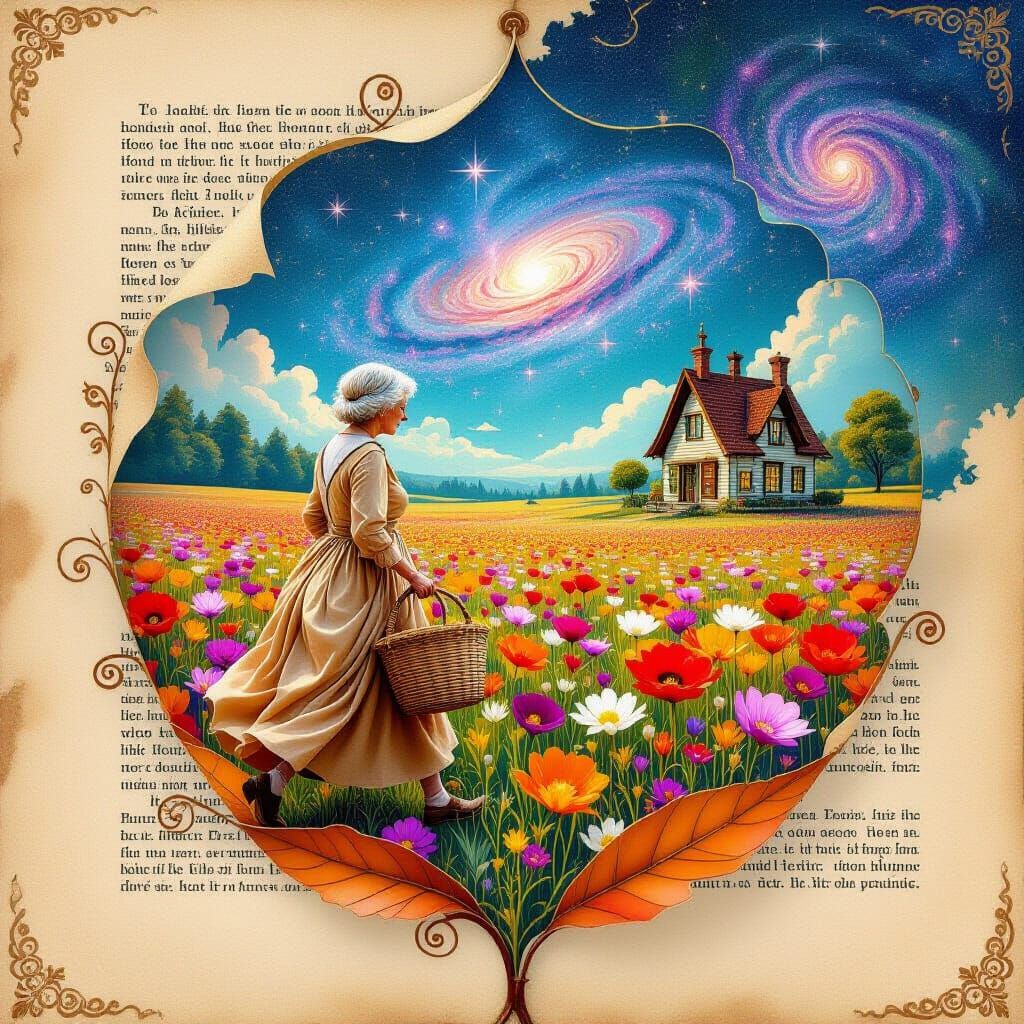 Whimsical Old Woman in Dreamlike Fantasy Landscape