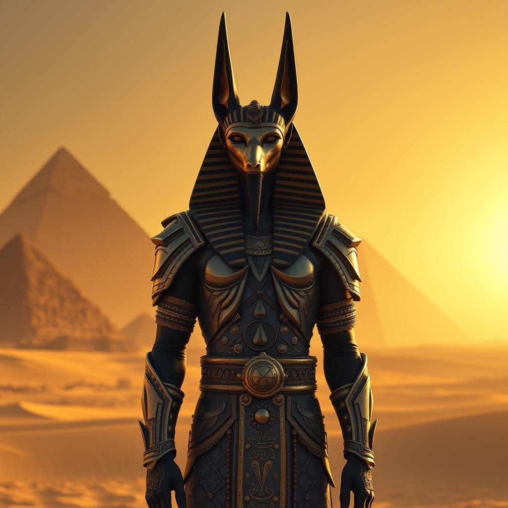 Epic Ancient Egyptian God Anubis in Golden Desert Landscape