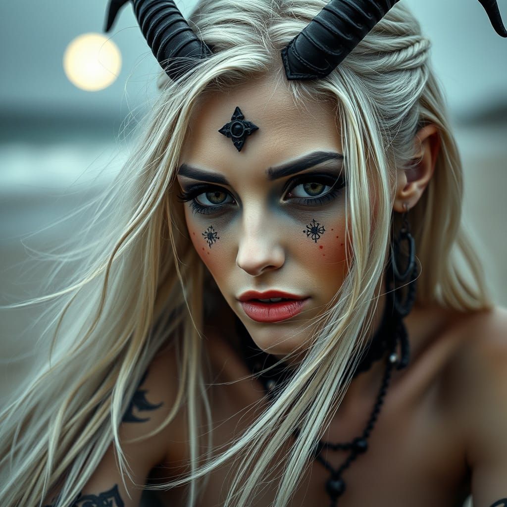 Artistic Portrait of a She-Devil on a Moonlit Beach