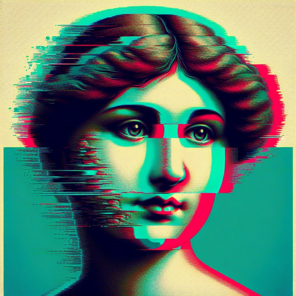 Vibrant Woman in Distorted Late 19th-Century Art Style