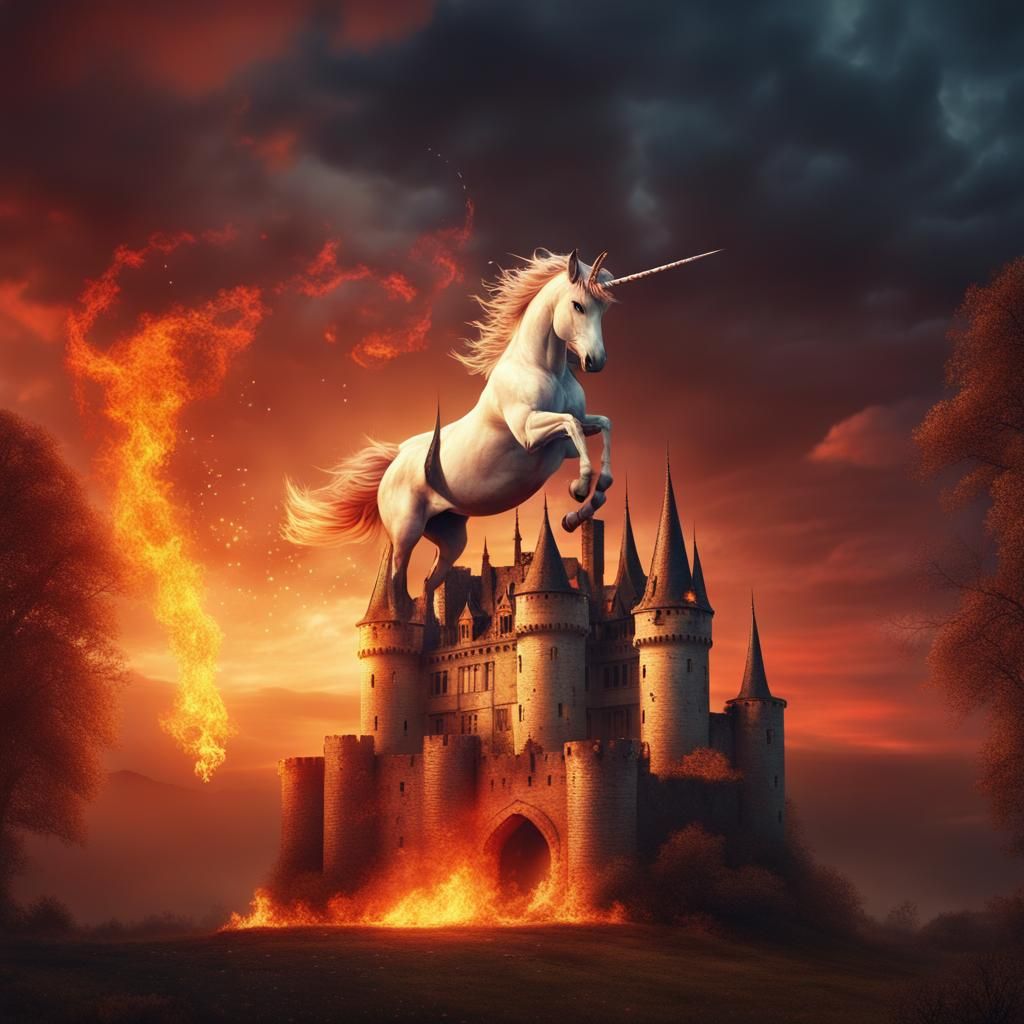 Fiery Unicorn Over Castle: Dramatic Digital Painting