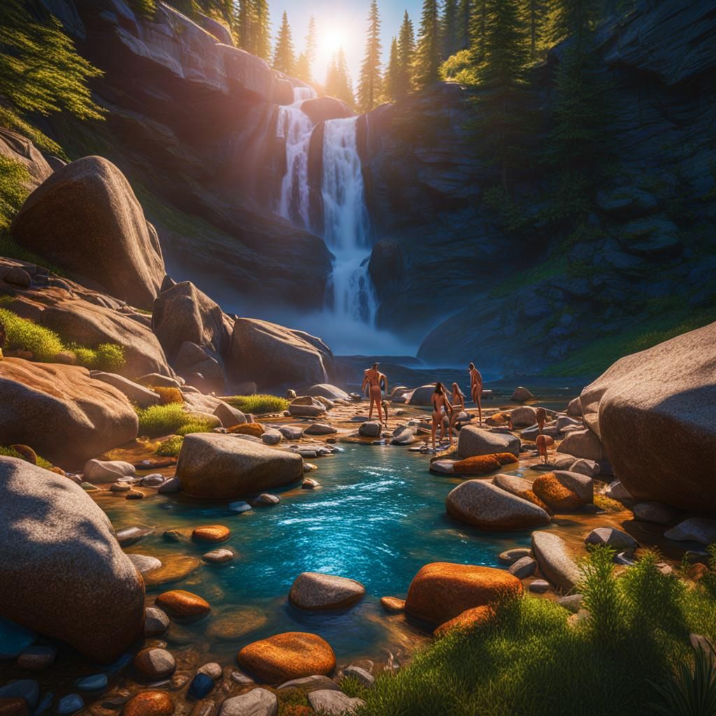 Camping Friends Bathe in Crystalline Waterfall Stream