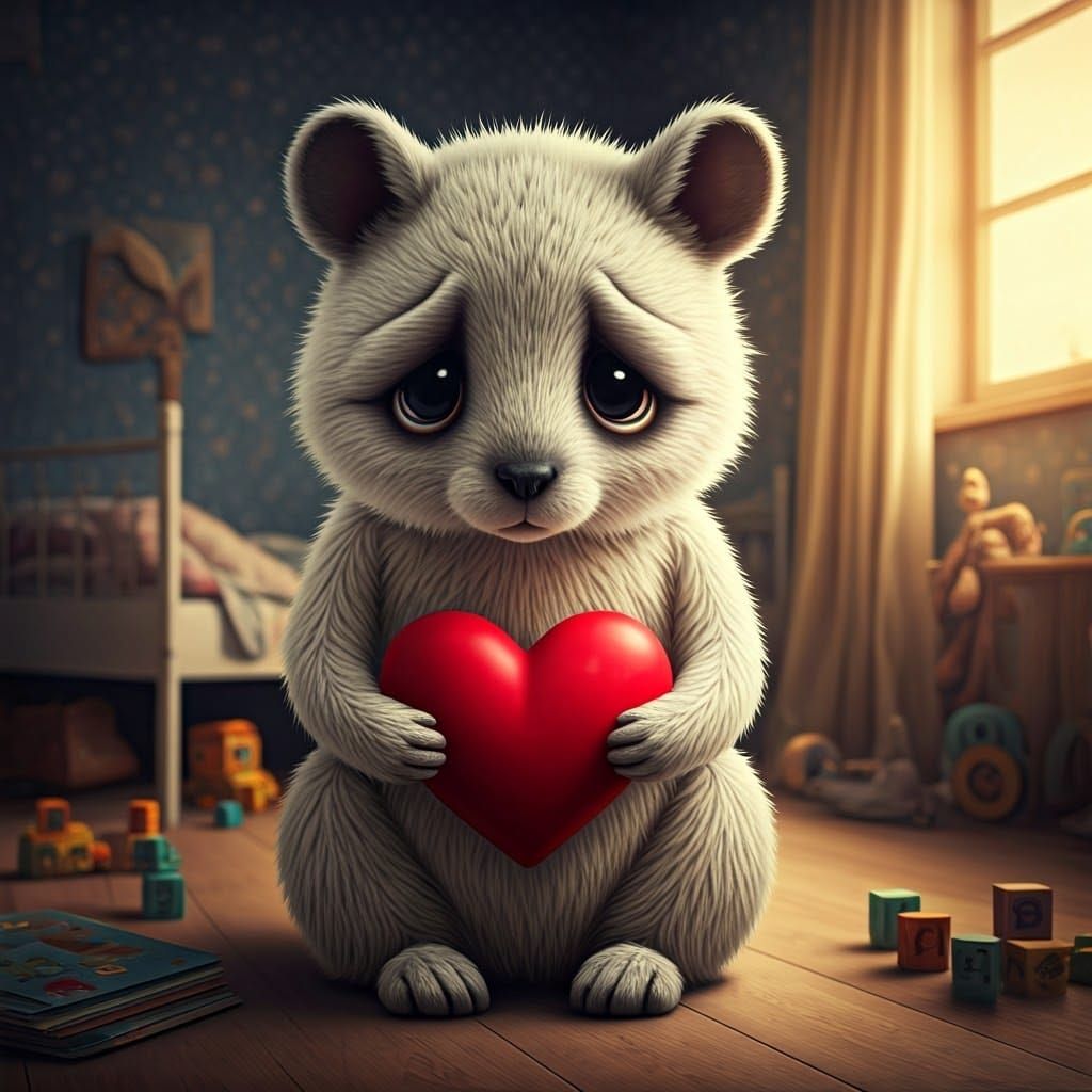 Forlorn Teddy Bear Holds Heart in Cozy Child's Bedroom